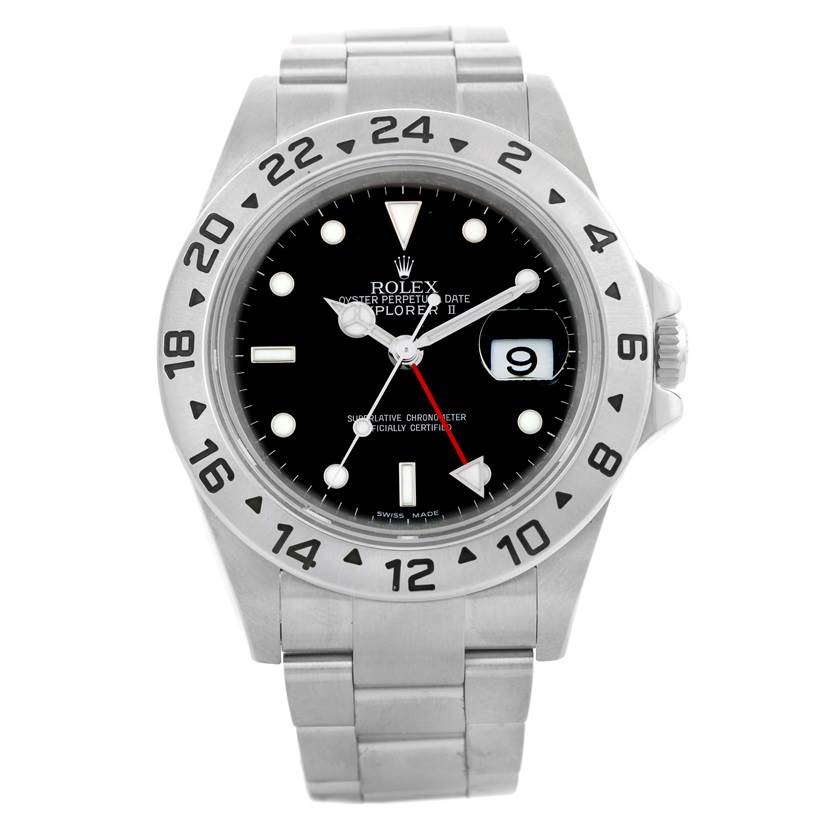 The image shows a front view of the Rolex Explorer 16570 Men's Stainless Steel Black Dial 16570 Men's Stainless Steel Black Dial watch, highlighting its face, bezel, and bracelet.