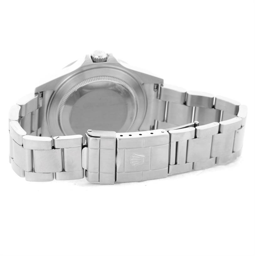 The image shows the back view of a Rolex Explorer 16570 Men's Stainless Steel Black Dial 16570 Men's Stainless Steel Black Dial watch, highlighting its case back and stainless steel bracelet.