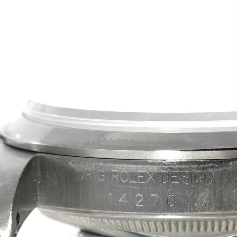 The image shows a close-up side view of the case design and model number engraving of the Rolex Explorer 14270 Men's Stainless Steel Black Dial 14270 Men's Stainless Steel Black Dial.