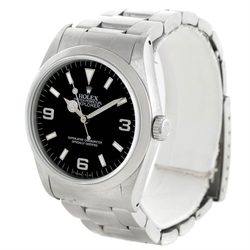 The image shows a Rolex Explorer 14270 Men's Stainless Steel Black Dial 14270 Men's Stainless Steel Black Dial watch at a three-quarter angle, displaying the case, dial, crown, and bracelet.