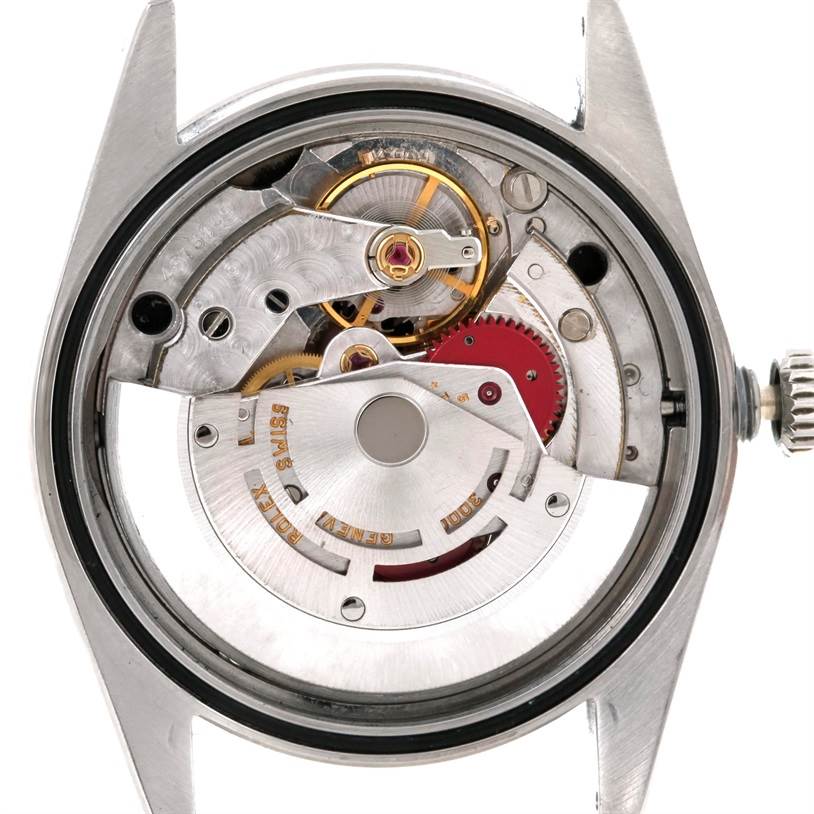 This image shows the inner movement mechanism of a Rolex Explorer 14270 Men's Stainless Steel Black Dial 14270 Men's Stainless Steel Black Dial watch from a back view with the case back removed.