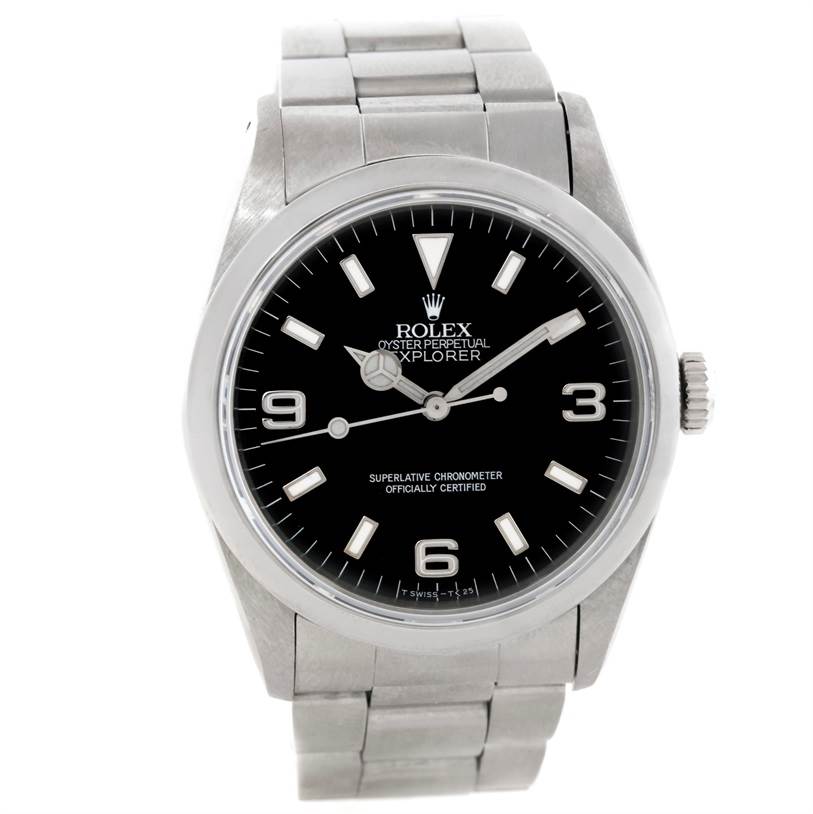The image shows a frontal view of a Rolex Explorer 14270 Men's Stainless Steel Black Dial 14270 Men's Stainless Steel Black Dial watch, highlighting its face, bezel, crown, and bracelet.