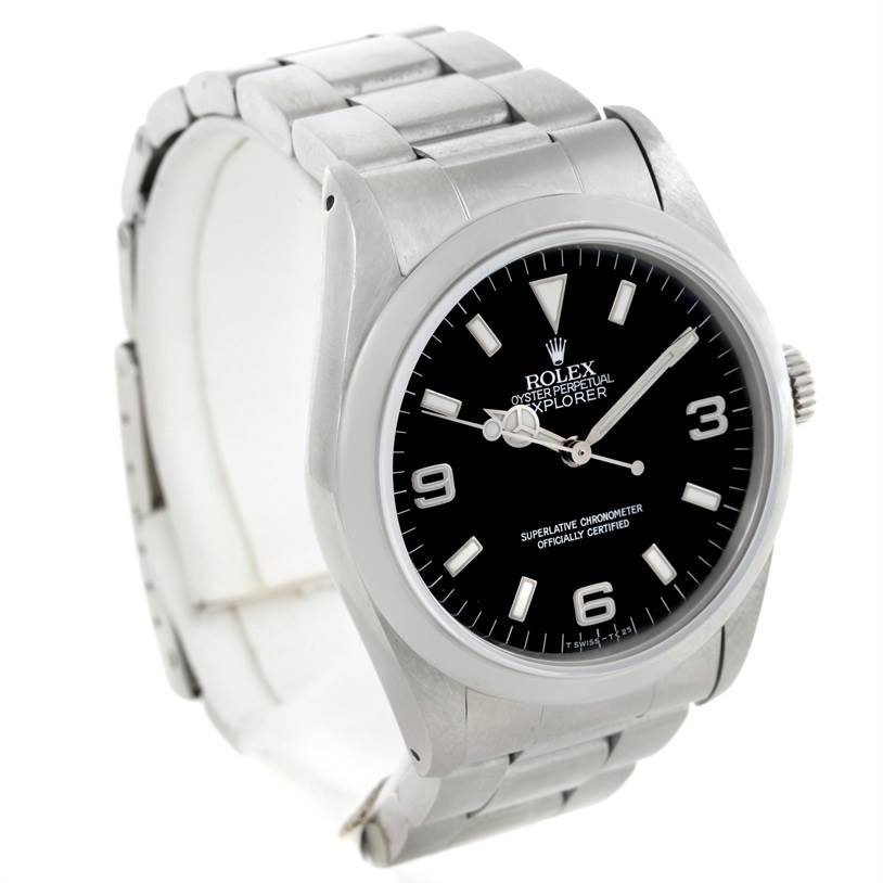 The image shows a Rolex Explorer 14270 Men's Stainless Steel Black Dial 14270 Men's Stainless Steel Black Dial watch angled slightly to the left, displaying its black dial, hour markers, hands, and stainless steel bracelet.