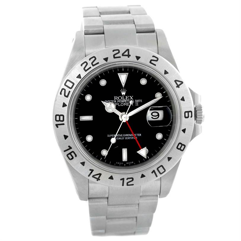 The image shows a front view of the Rolex Explorer 16570 Men's Stainless Steel Black Dial 16570 Men's Stainless Steel Black Dial model watch, highlighting its face, bezel, and bracelet.