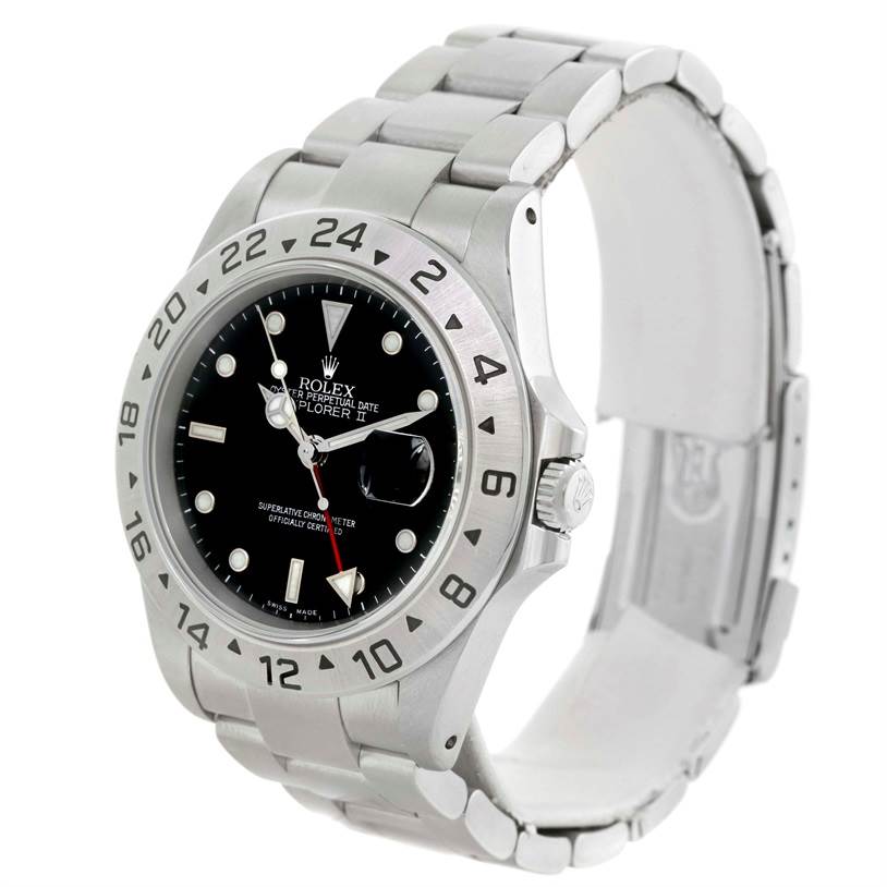 The Rolex Explorer 16570 Men's Stainless Steel Black Dial 16570 Men's Stainless Steel Black Dial model watch is shown from an angled front view showcasing the dial, bezel, and bracelet.
