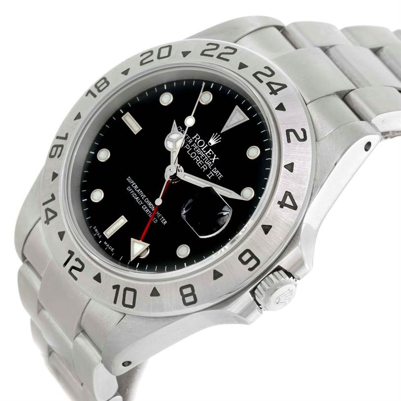 The image shows a side and top view of a Rolex Explorer 16570 Men's Stainless Steel Black Dial 16570 Men's Stainless Steel Black Dial watch, highlighting the bezel, dial, crown, and bracelet.