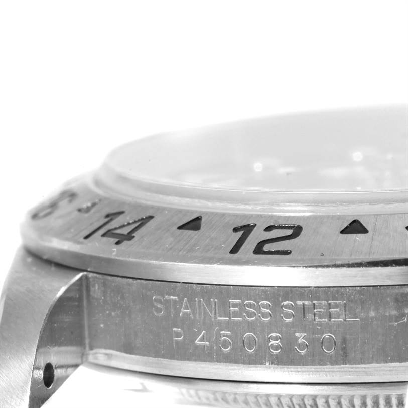 The image shows a close-up angle of the bezel and case side of a stainless steel Rolex Explorer 16570 Men's Stainless Steel Black Dial 16570 Men's Stainless Steel Black Dial watch model.