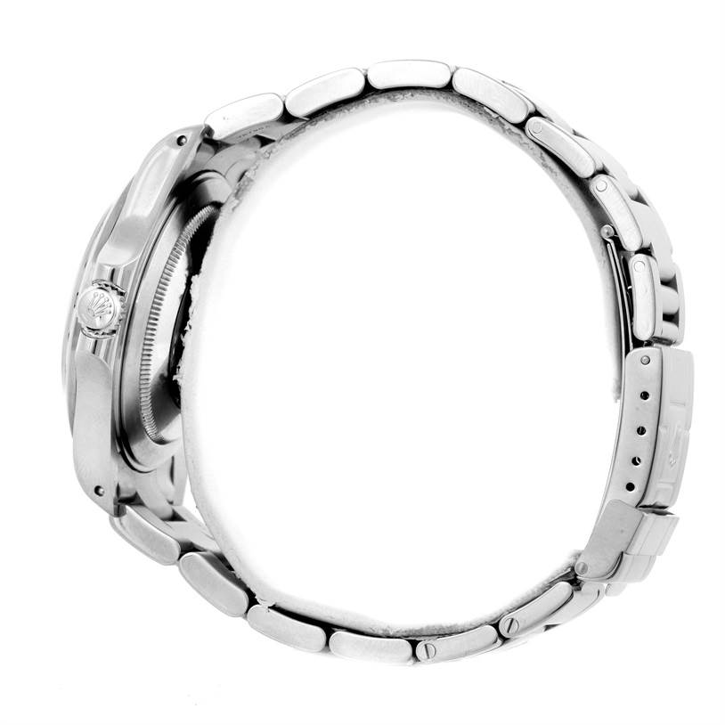 Side view of a Rolex Explorer 16570 Men's Stainless Steel Black Dial 16570 Men's Stainless Steel Black Dial watch showing the case, crown, and metal bracelet.