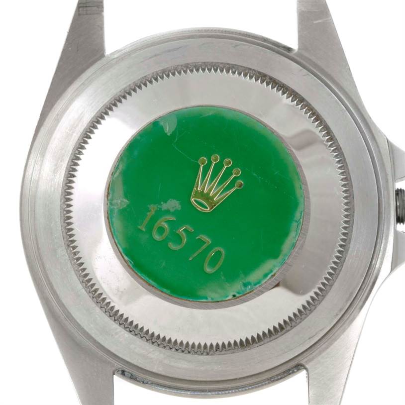 The image shows the back case of the Rolex Explorer 16570 Men's Stainless Steel Black Dial 16570 Men's Stainless Steel Black Dial model 16570 from a straight-on angle.