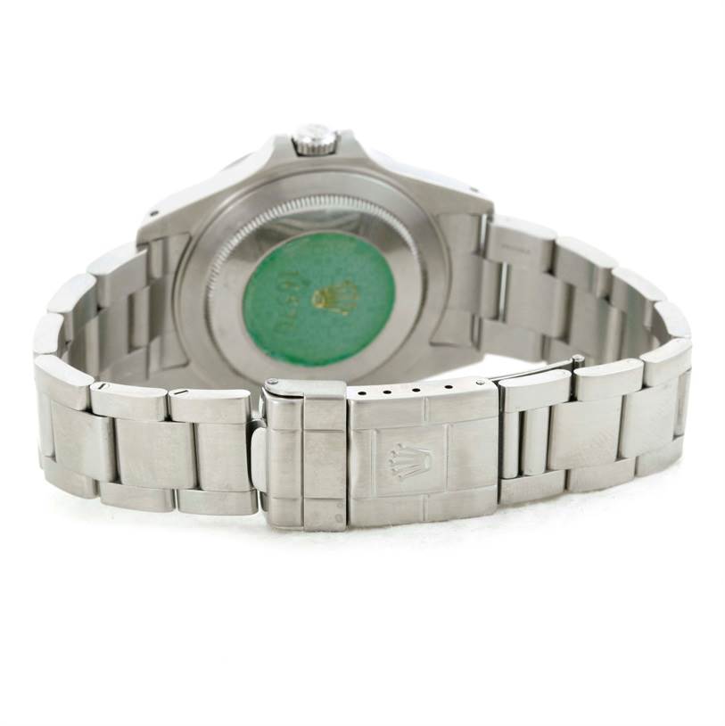 The image displays the backside and bracelet of a Rolex Explorer 16570 Men's Stainless Steel Black Dial 16570 Men's Stainless Steel Black Dial watch.