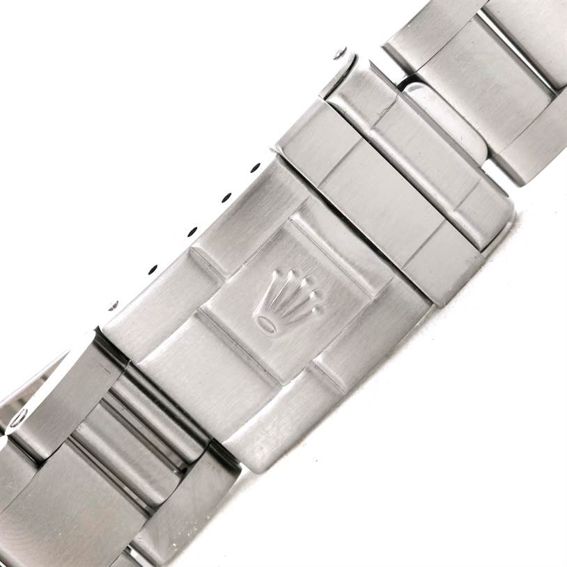 This image shows a close-up of a stainless-steel bracelet clasp of the Rolex Explorer 14270 Men's Stainless Steel Black Dial 14270 Men's Stainless Steel Black Dial model watch.