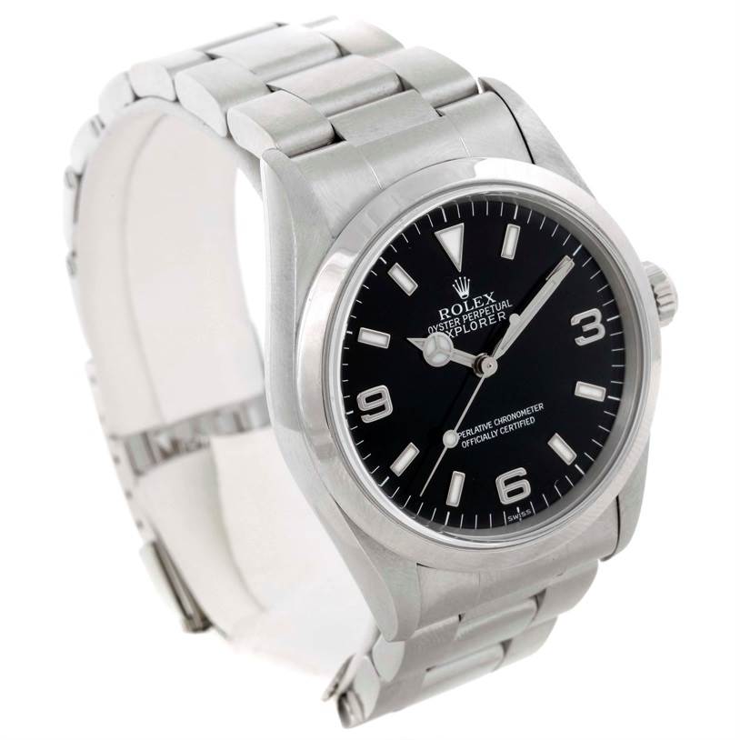 This Rolex Explorer 14270 Men's Stainless Steel Black Dial 14270 Men's Stainless Steel Black Dial watch is shown at a slight angle displaying its face, bezel, and stainless steel bracelet.