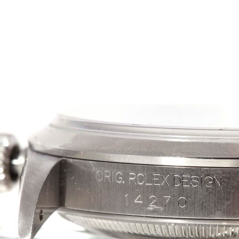 This image shows a close-up side view of a Rolex Explorer 14270 Men's Stainless Steel Black Dial 14270 Men's Stainless Steel Black Dial watch model 14270, highlighting the case and engraved model number.