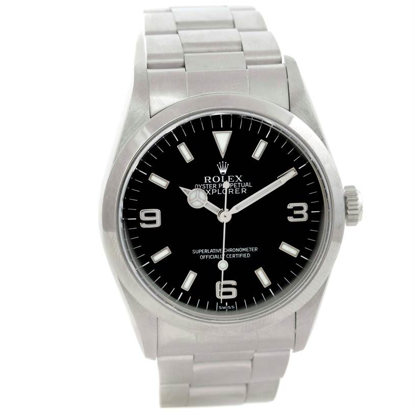 The image shows a front view of the Rolex Explorer 14270 Men's Stainless Steel Black Dial 14270 Men's Stainless Steel Black Dial watch, highlighting its black dial, silver markers, and metallic bracelet.