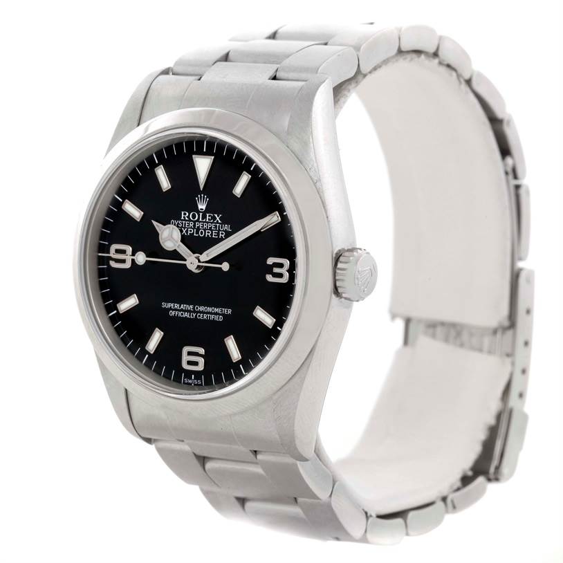 This image shows a Rolex Explorer 14270 Men's Stainless Steel Black Dial 14270 Men's Stainless Steel Black Dial watch at a slight angle, highlighting its face, bezel, crown, and bracelet.