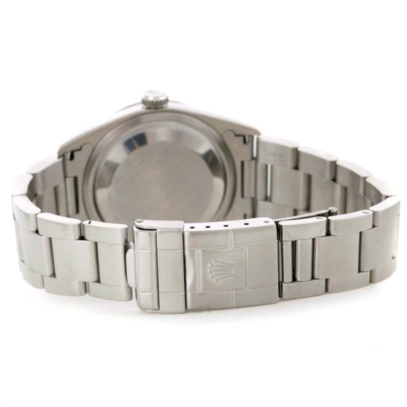 The image shows the back view of a Rolex Explorer 14270 Men's Stainless Steel Black Dial 14270 Men's Stainless Steel Black Dial watch, focusing on the closed clasp and bracelet.