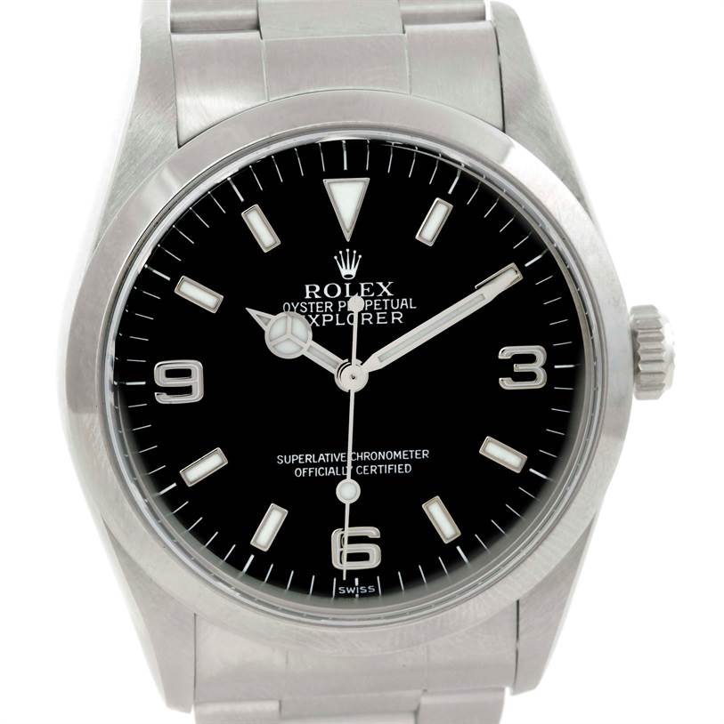 This image shows a Rolex Explorer 14270 Men's Stainless Steel Black Dial 14270 Men's Stainless Steel Black Dial model watch from a front-facing angle, highlighting its black dial, hands, and part of the metal bracelet.