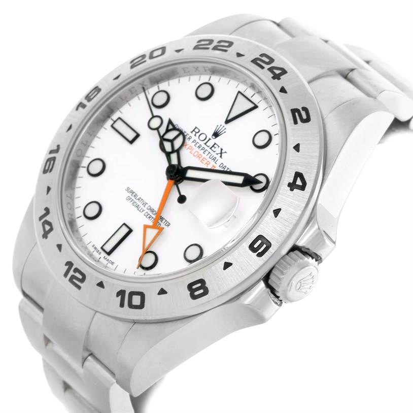 The image shows a close-up angle of a Rolex Explorer 216570 Men
s Stainless Steel White Dial 216570 Men
s Stainless Steel White Dial watch, highlighting its dial, bezel, crown, and part of the bracelet.