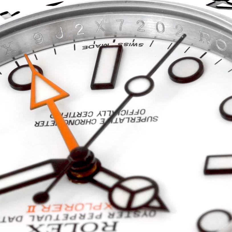 The image is a close-up of the dial and hands of a Rolex Explorer 216570 Men
s Stainless Steel White Dial 216570 Men
s Stainless Steel White Dial watch, highlighting the hour, minute, and seconds hands, and some of the indices.