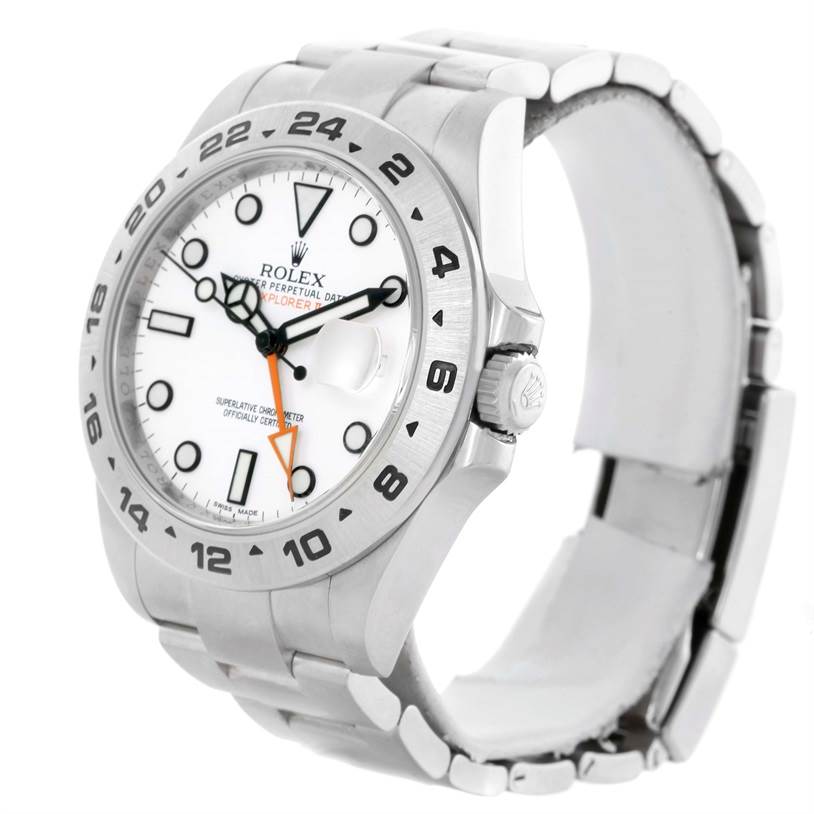 The image shows a Rolex Explorer 216570 Men
s Stainless Steel White Dial 216570 Men
s Stainless Steel White Dial model watch viewed at an angle, displaying the dial, bezel, crown, and part of the bracelet.