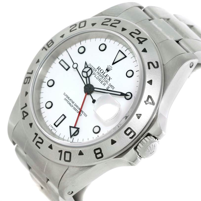 This Rolex Explorer 16570 Men's Stainless Steel White Dial 16570 Men's Stainless Steel White Dial watch is shown from a front-angle, highlighting its dial, bezel, crown, and part of its bracelet.