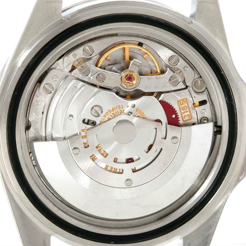 The image shows the open case back of the Rolex Explorer 16570 Men's Stainless Steel White Dial 16570 Men's Stainless Steel White Dial, revealing its intricate movement and internal mechanisms.