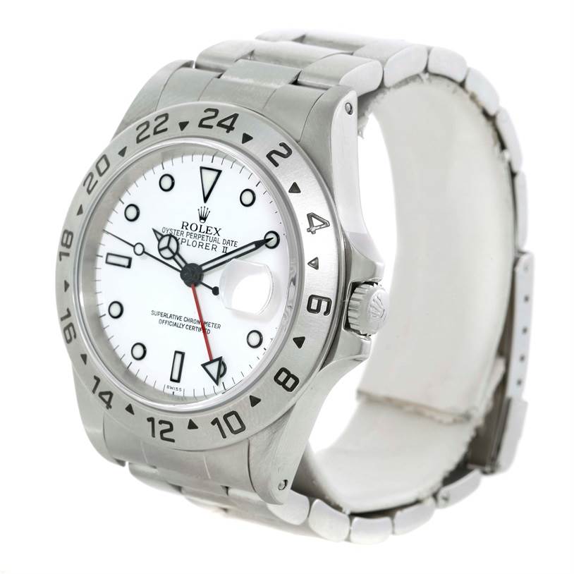 The image shows a side-profile of the Rolex Explorer 16570 Men's Stainless Steel White Dial 16570 Men's Stainless Steel White Dial watch, highlighting the bezel, dial, crown, and part of the bracelet.