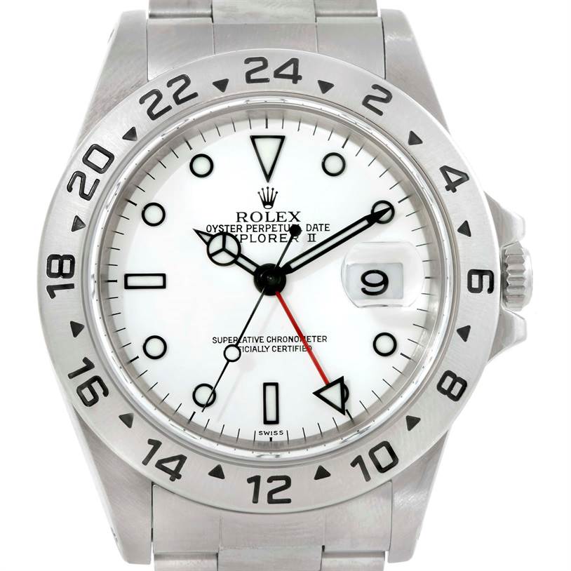 The image shows a front view of a Rolex Explorer 16570 Men's Stainless Steel White Dial 16570 Men's Stainless Steel White Dial watch, featuring its bezel, dial, hands, and date window.