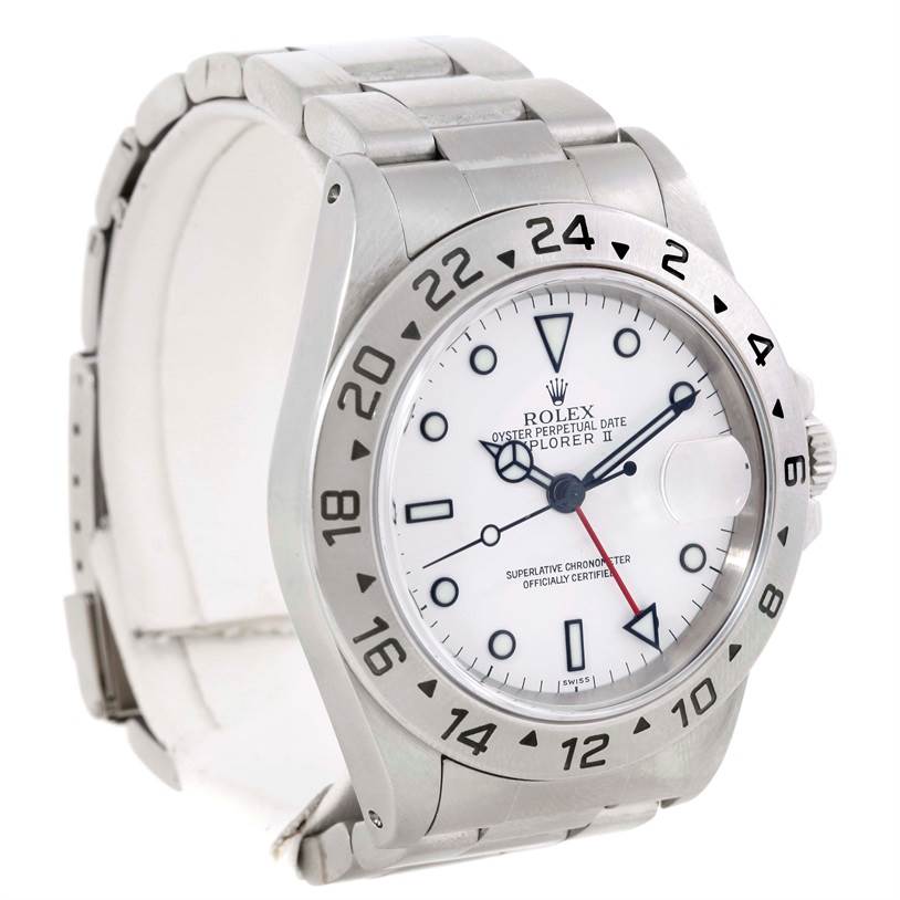 The image shows a Rolex Explorer 16570 Men's Stainless Steel White Dial 16570 Men's Stainless Steel White Dial watch at an angle that highlights the face, bezel, and bracelet.