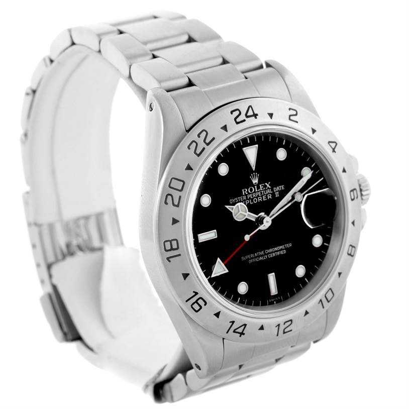The Rolex Explorer 16570 Men's Stainless Steel Black Dial 16570 Men's Stainless Steel Black Dial watch is shown from a three-quarter angle, displaying the face, bezel, and bracelet.