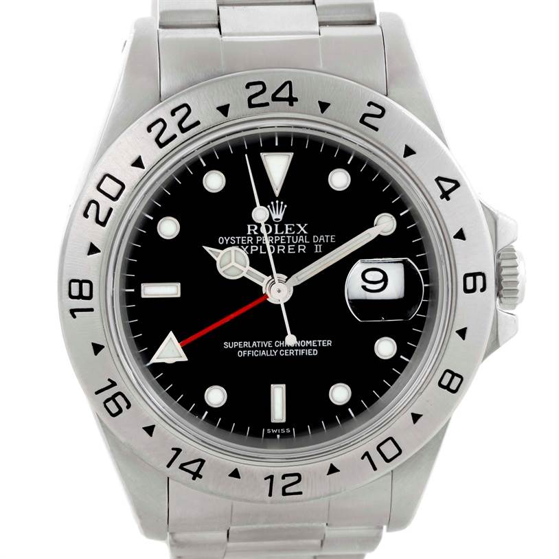 This image shows a front view of the Rolex Explorer 16570 Men's Stainless Steel Black Dial 16570 Men's Stainless Steel Black Dial watch, highlighting the dial, bezel, hands, and bracelet.