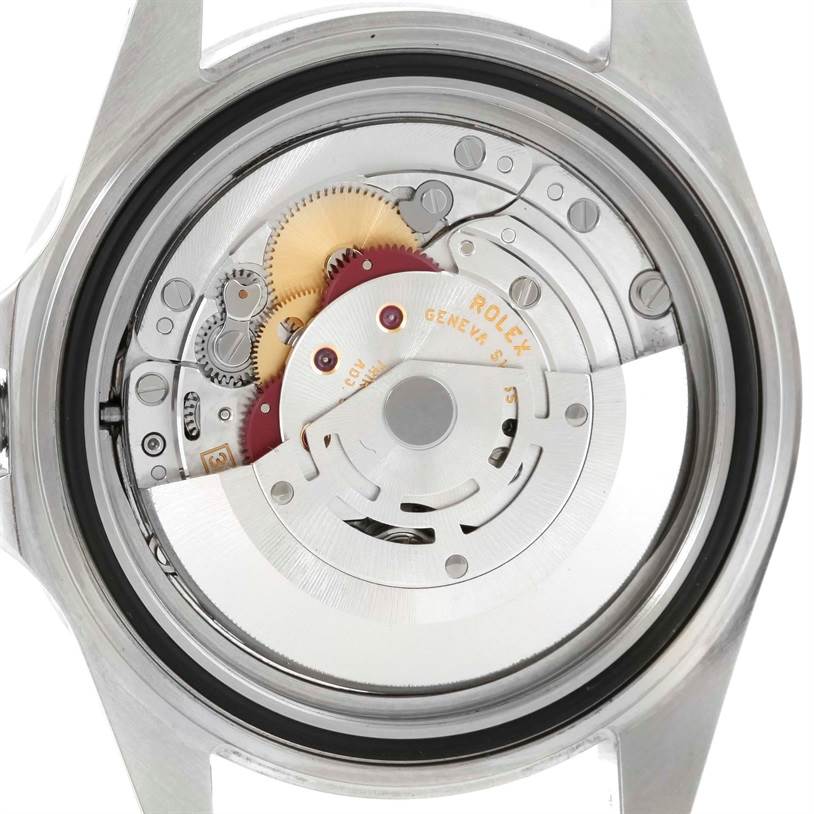 The image shows the intricate internal mechanism of a Rolex Explorer 16570 Men's Stainless Steel White Dial 16570 Men's Stainless Steel White Dial watch from a back angle.