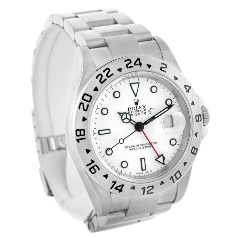 This image shows the dial and bracelet of the Rolex Explorer 16570 Men's Stainless Steel White Dial 16570 Men's Stainless Steel White Dial watch from a three-quarter angle.