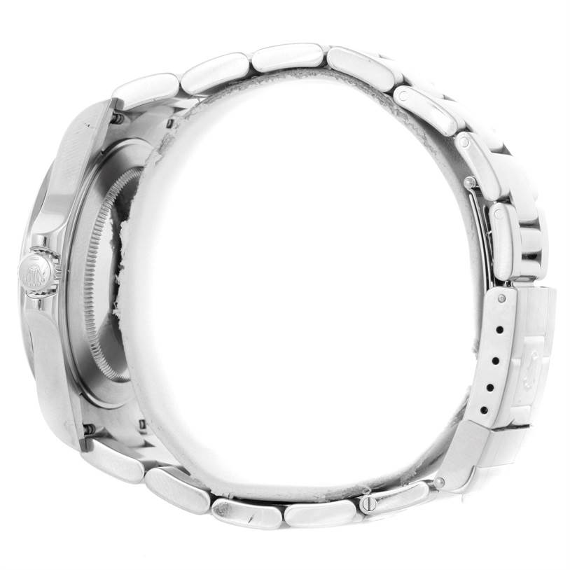 The Rolex Explorer 16570 Men's Stainless Steel White Dial 16570 Men's Stainless Steel White Dial watch is shown from the side, highlighting its case, crown, and bracelet.