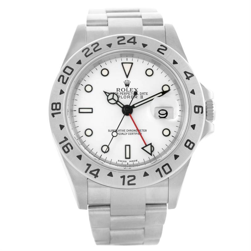 This image shows a Rolex Explorer 16570 Men's Stainless Steel White Dial 16570 Men's Stainless Steel White Dial watch with a white dial, silver bezel, and metal bracelet from a front angle.