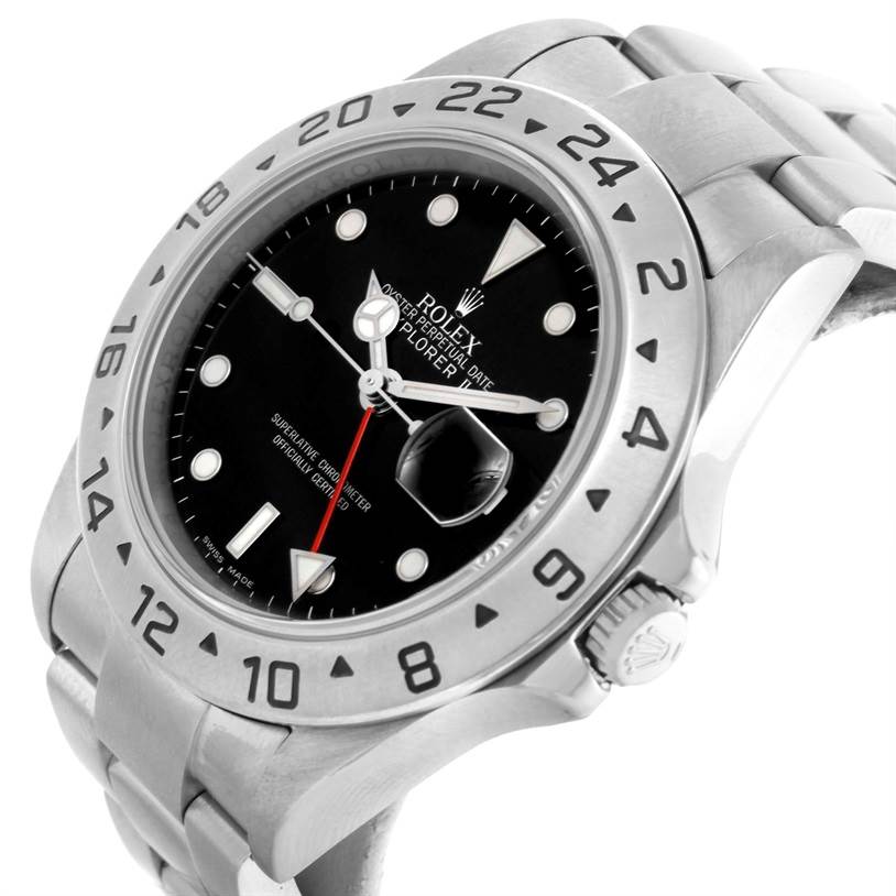The image shows the Rolex Explorer 16570 Men's Stainless Steel Black Dial 16570 Men's Stainless Steel Black Dial watch at a tilted angle, highlighting the bezel, crown, and part of the metal bracelet.