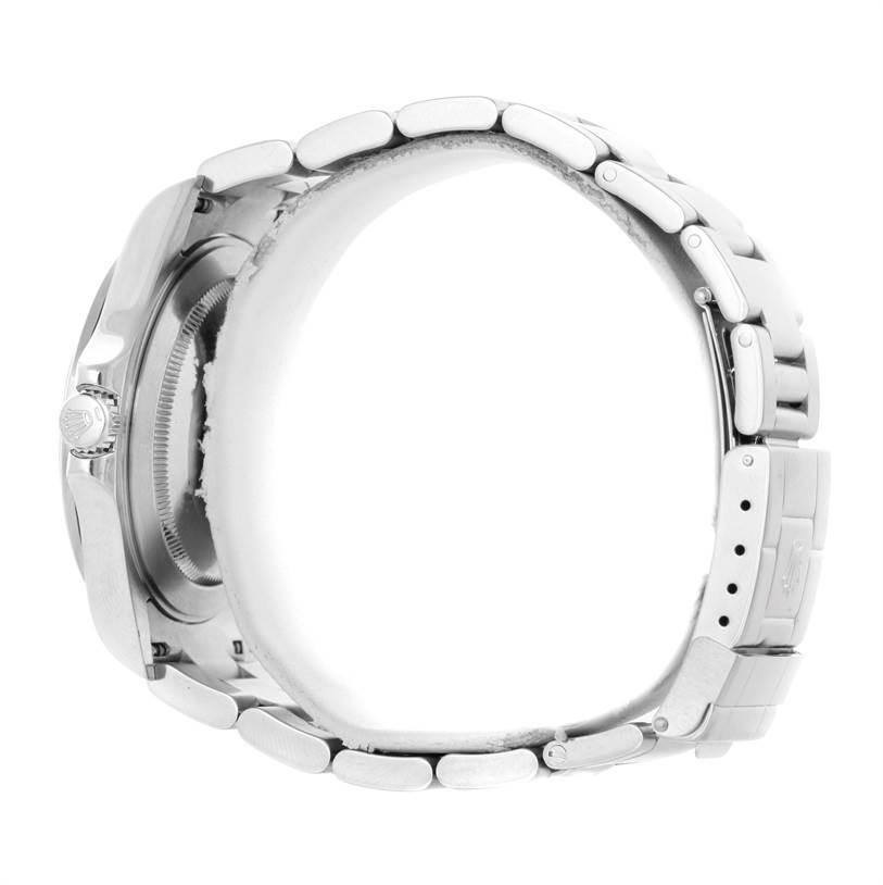 The image shows a side profile of a Rolex Explorer 16570 Men's Stainless Steel Black Dial 16570 Men's Stainless Steel Black Dial watch, displaying its case, crown, and bracelet.