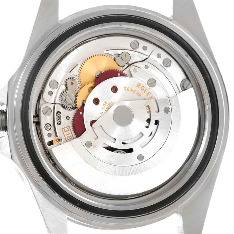 The image shows the internal movement mechanism of the Rolex Explorer 16570 Men's Stainless Steel Black Dial 16570 Men's Stainless Steel Black Dial watch from a back case angle.