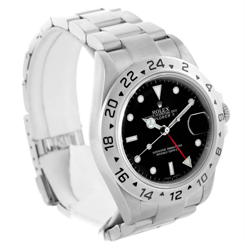 The Rolex Explorer 16570 Men's Stainless Steel Black Dial 16570 Men's Stainless Steel Black Dial watch is shown from a three-quarter angle, displaying the face, bezel, and part of the bracelet.