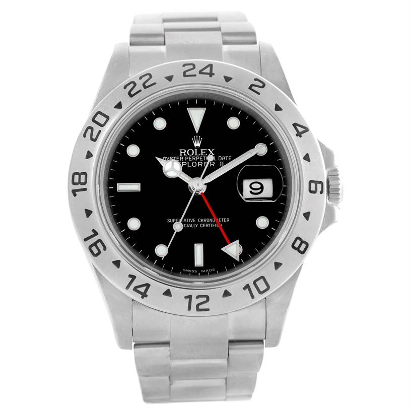 The image shows a front view of the Rolex Explorer 16570 Men's Stainless Steel Black Dial 16570 Men's Stainless Steel Black Dial watch, displaying its dial, bezel, bracelet, and crown.