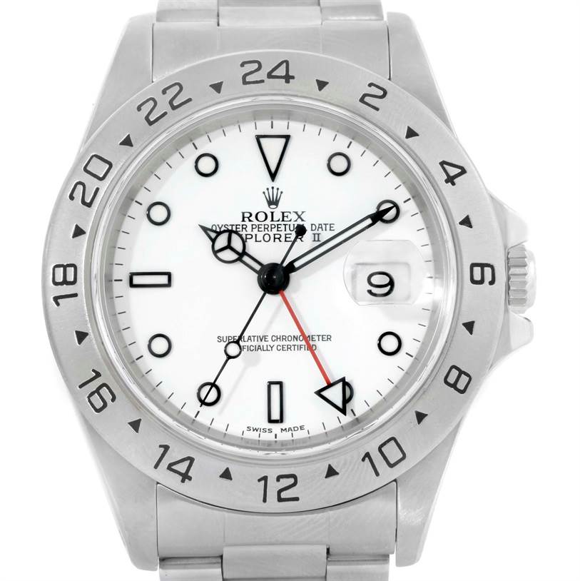 The Rolex Explorer 16570 Men's Stainless Steel White Dial 16570 Men's Stainless Steel White Dial watch is shown from a front angle, detailing the dial, hands, date window, and bracelet.