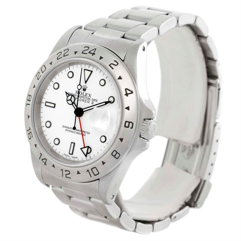 This Rolex Explorer 16570 Men's Stainless Steel White Dial 16570 Men's Stainless Steel White Dial watch is shown at a three-quarter angle, highlighting the bezel, crown, dial, and bracelet.