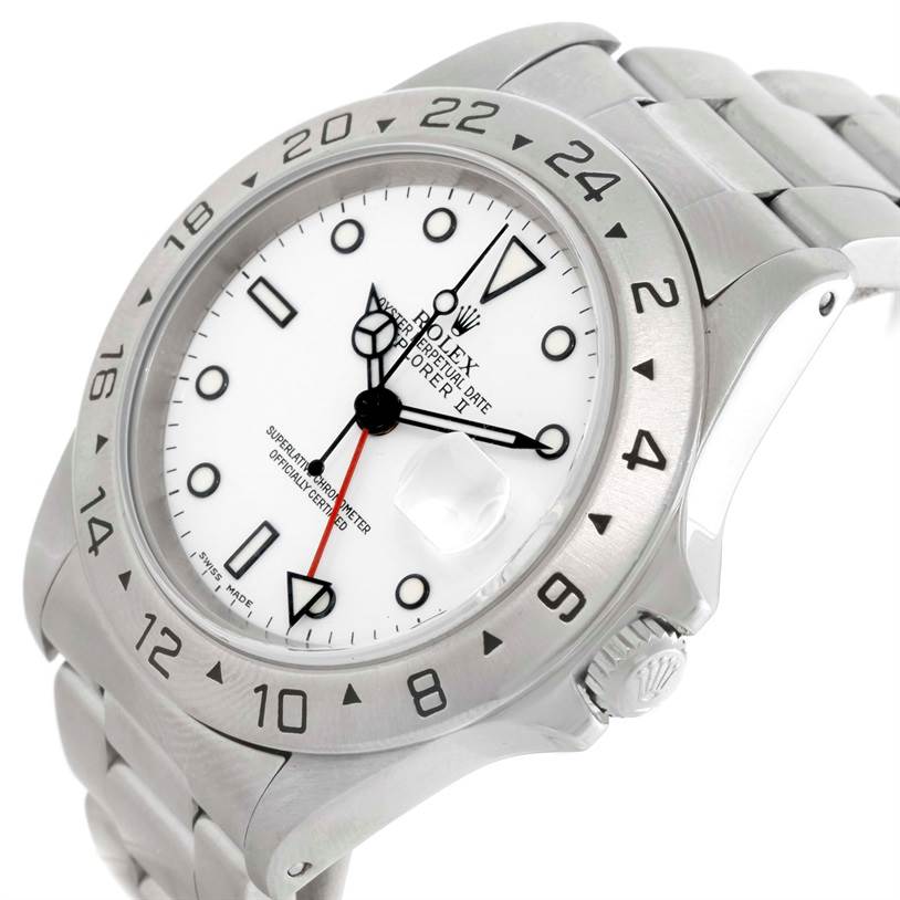 The image shows a close-up of the Rolex Explorer 16570 Men's Stainless Steel White Dial 16570 Men's Stainless Steel White Dial watch, highlighting the white dial, bezel, and part of the bracelet from an angled view.