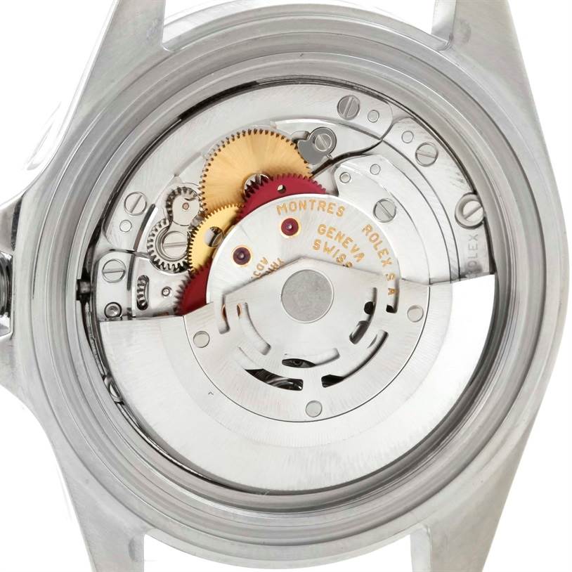 The image shows the internal mechanism of a Rolex Explorer 16570 Men's Stainless Steel White Dial 16570 Men's Stainless Steel White Dial model viewed from the back.