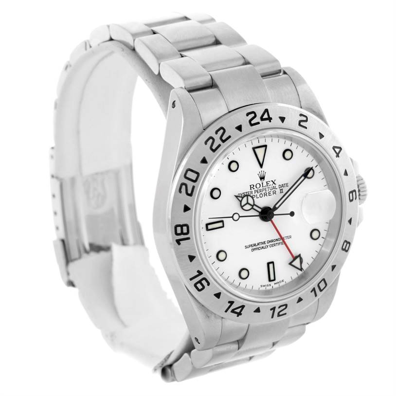 This image shows a Rolex Explorer 16570 Men's Stainless Steel White Dial 16570 Men's Stainless Steel White Dial watch at an angle revealing the dial, bezel, case, and full bracelet.