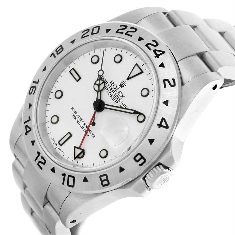 The image shows a Rolex Explorer 16570 Men's Stainless Steel White Dial 16570 Men's Stainless Steel White Dial watch at an angle, highlighting its white dial, bezel, and part of its stainless steel bracelet.