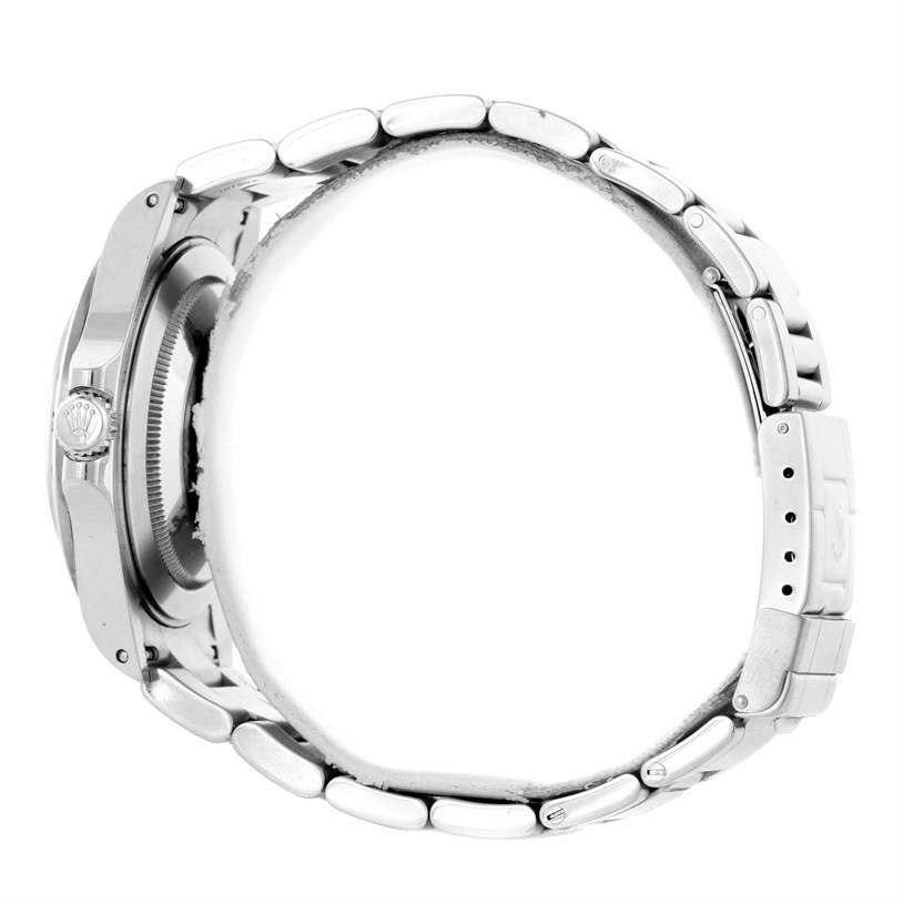 The image shows a side profile of a Rolex Explorer 16570 Men's Stainless Steel White Dial 16570 Men's Stainless Steel White Dial watch, highlighting the case, crown, and bracelet.