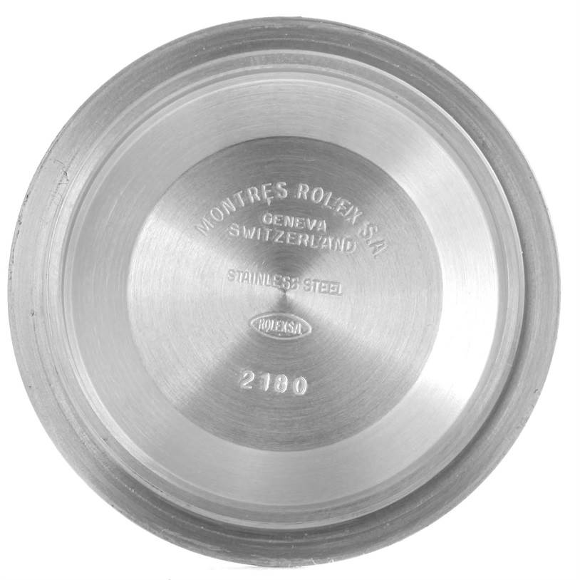 This image shows the interior case back of a Rolex Explorer 16570 Men's Stainless Steel White Dial 16570 Men's Stainless Steel White Dial watch, displaying engravings of the brand and model details.