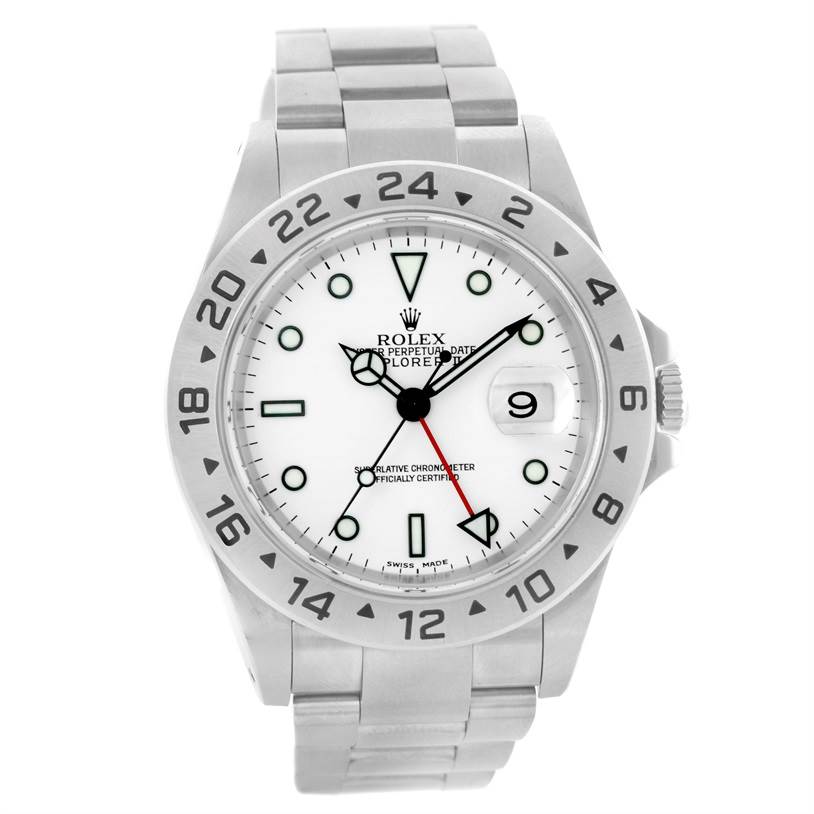 This image shows the front face and bracelet of the Rolex Explorer 16570 Men's Stainless Steel White Dial 16570 Men's Stainless Steel White Dial watch with a white dial and date feature.