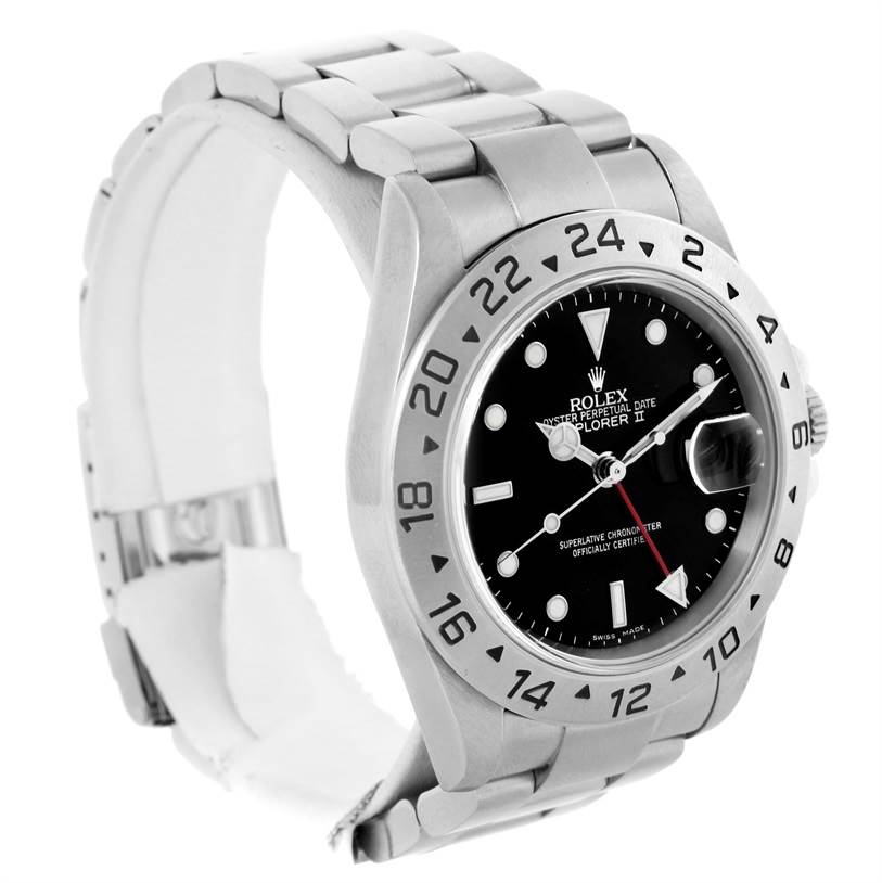 The image shows a Rolex Explorer 16570 Men's Stainless Steel Black Dial 16570 Men's Stainless Steel Black Dial watch from an angled side view, highlighting the bezel, dial, and bracelet.